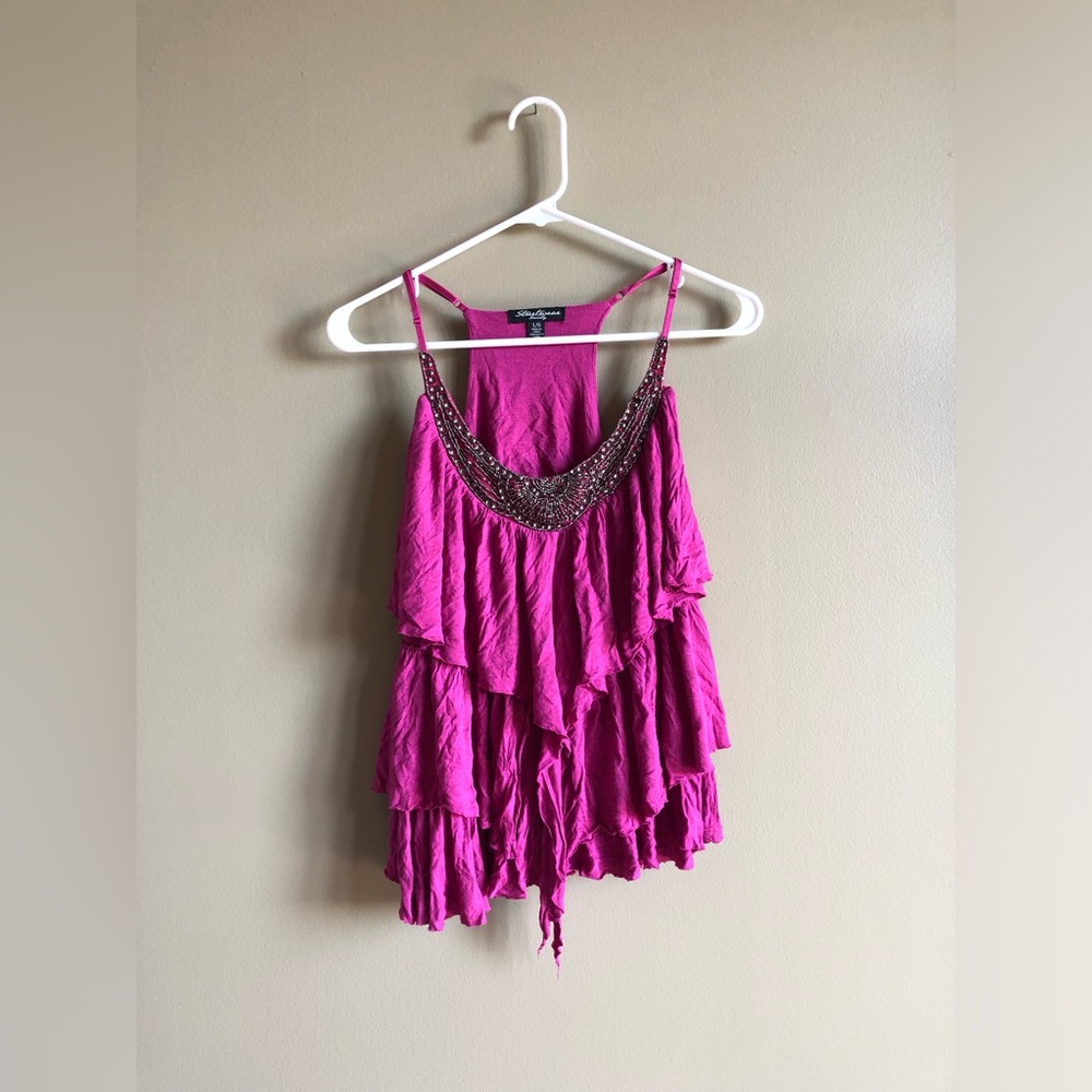 Streetwear Society Y2K Ruffle Pink beaded tank top size large